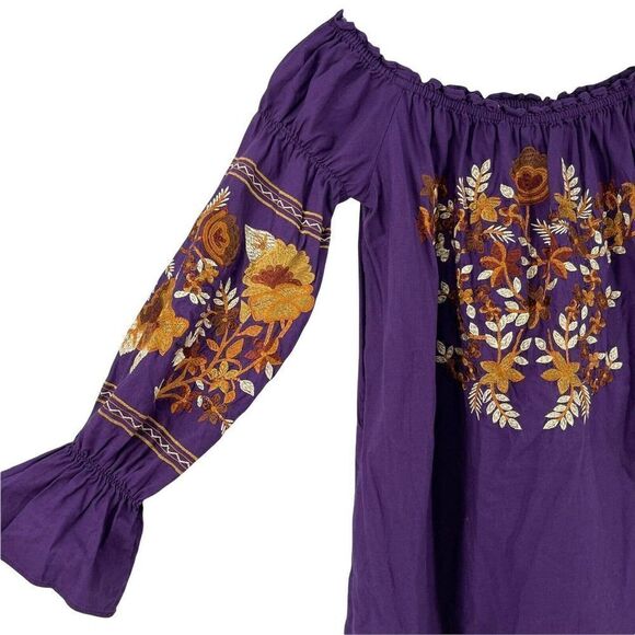 Free People Fleur De Jour Mini Dress Purple Off Shoulder Floral Embroidered XS - Picture 3 of 8